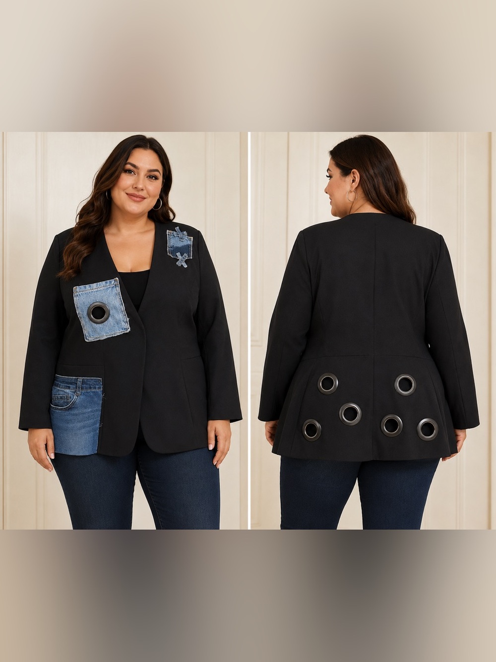 Upcycled redesigned Black Blazer with Denim Patch and grommet Details size 24